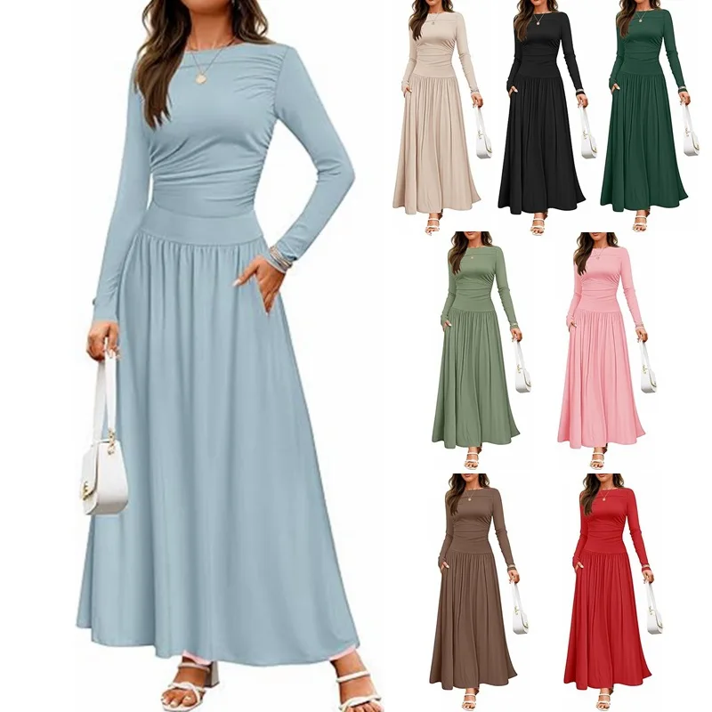 

2025 Crew Neck Pleated Pockets Slim-fitting Long-sleeved Knitted Dress European and American Women's Clothing