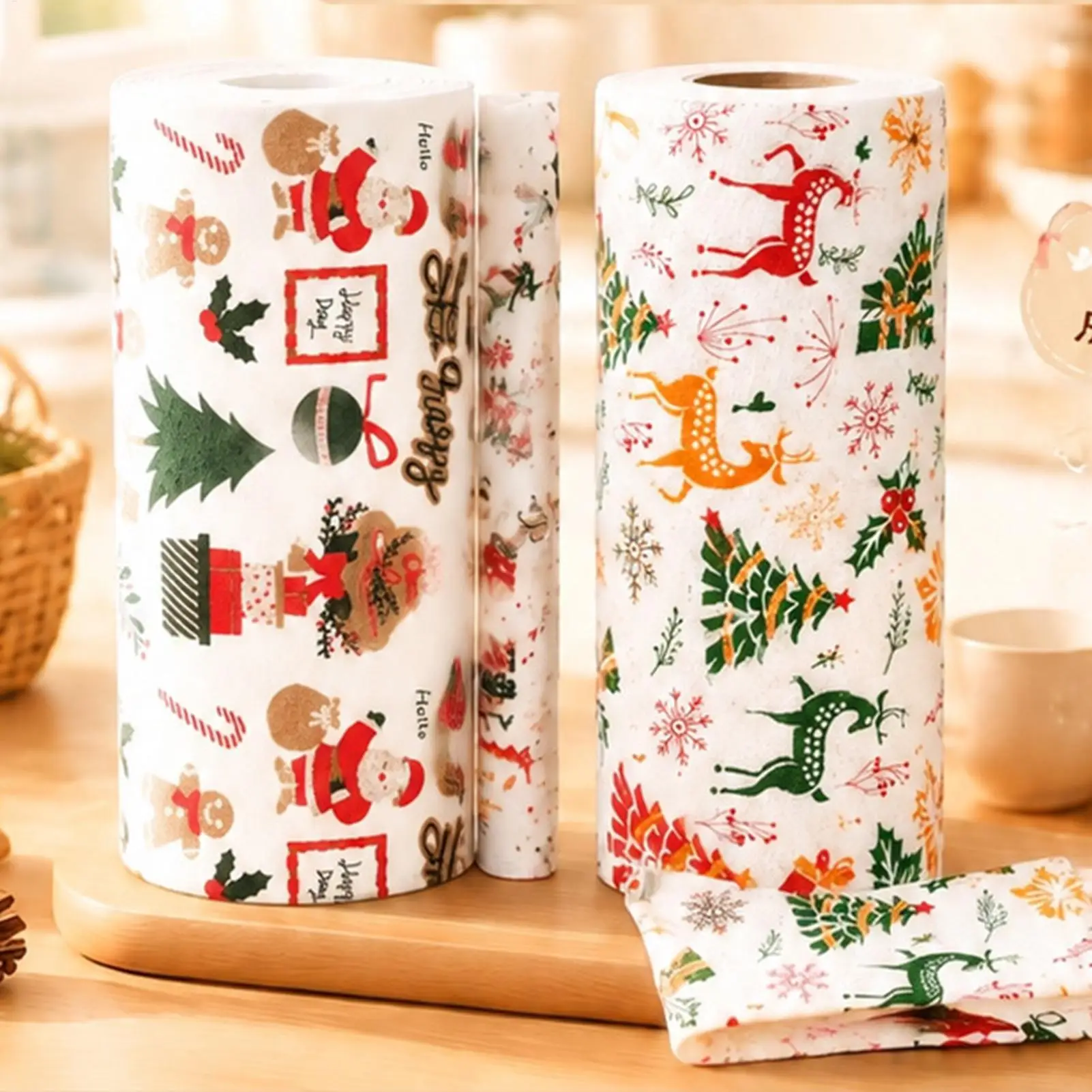 Christmas Microfiber Cleaning Cloth Roll Tearable 20 Sheets Reusable Absorbent Lint Free Washable Kitchen Towel for Grease