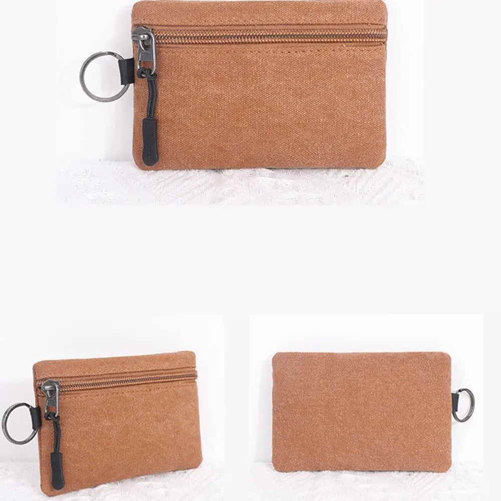 Casual Hand-held Canvas Coin Purse with Key Ring Retro Mini Coin Pouch Classic Solid Color Pouch Bag Bus Card