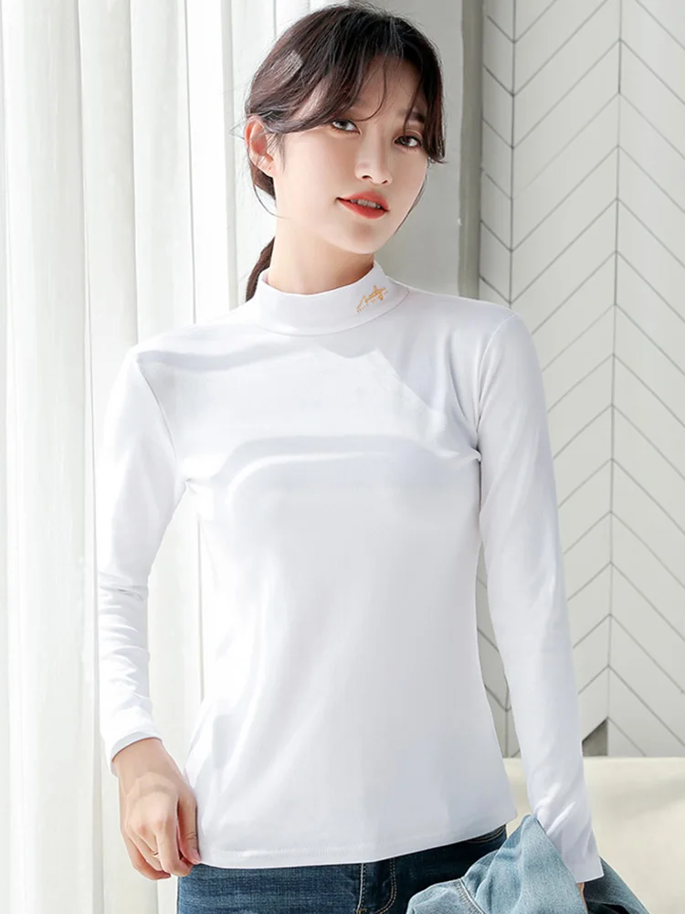 New Women Half High Collar Bottomming Shirt Autumn Winter Fashion Soft Sanded Long Sleeve Slim T-shirt Simplicity Basic Pullover