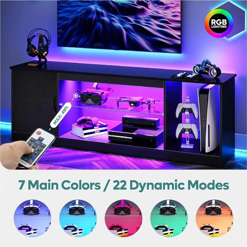 LED TV Stand for 55/60/65 Inch TV, Gaming Entertainment Center with Cabinet for PS5, Modern TV Cabinet with Adjustable