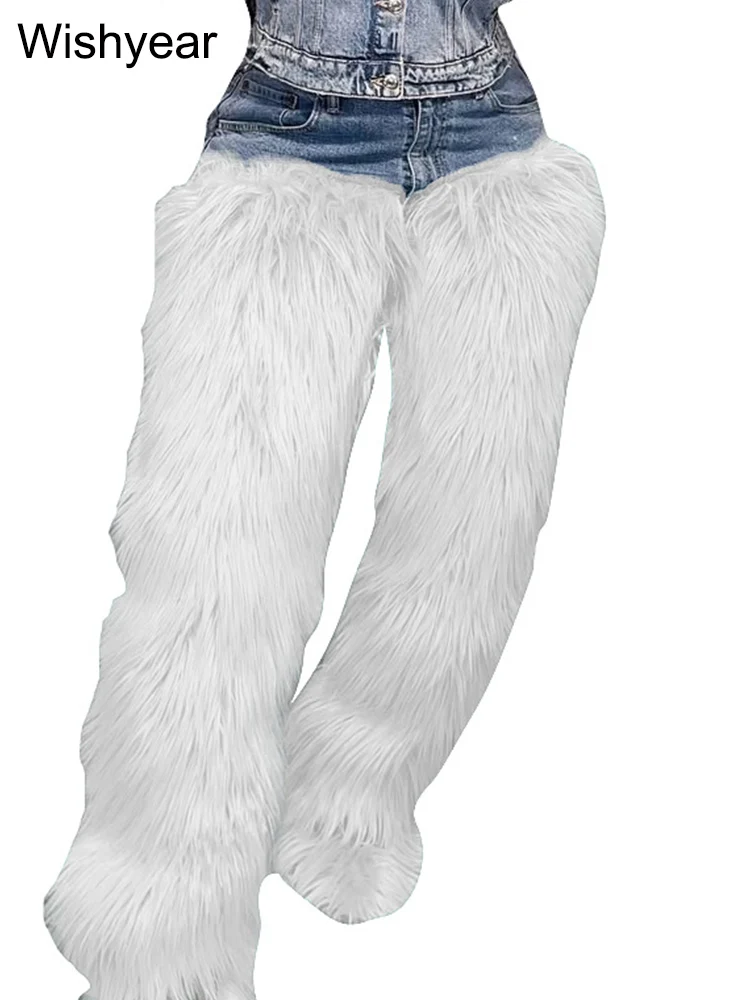 Blue Denim Fur Patchwork Bodycon Jeans High Waist Straight Tube Pants for Women Streetwear Winter Fall Y2K Boyfriend Bottoms