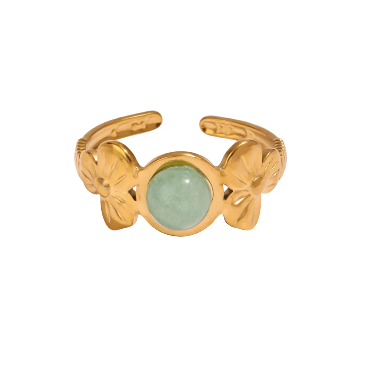 Vintage-Blumenring mit grünem Stein, offener Ring für Damen, Edelstahl, goldfarben, Imitation von Jade, verstellbarer Ring, ästhetischer chinesischer Schmuck. – Detail 5