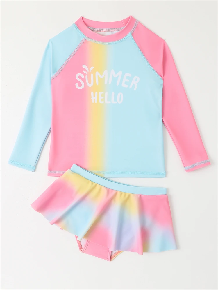 Two Piece Kids Girls Swimsuit 2024 New Gradient Long Sleeve Children Swimwear Summer Short Skirt Beachwear Bathing Suit Swimming