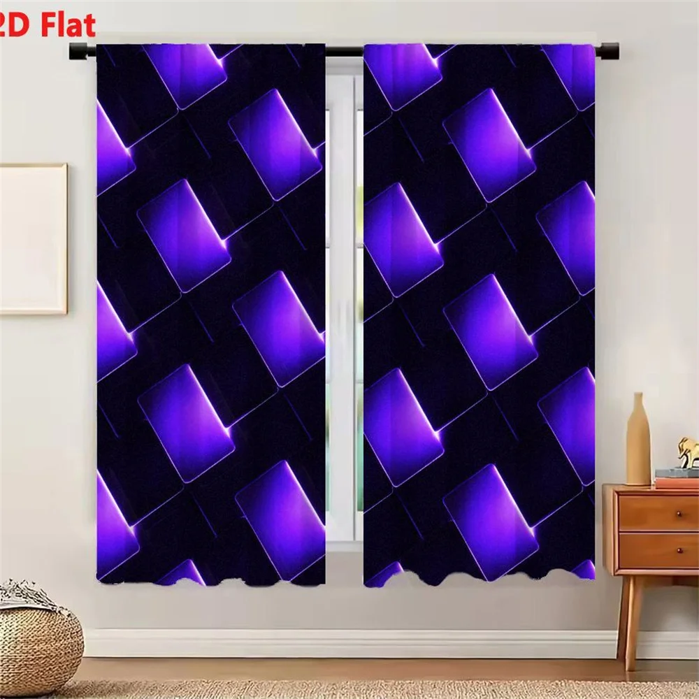 2Pcs Curtains 2D Flat Purple Square Tiles Pattern With Glowing Effect On Dark Background Grid Like Arrangement Woven Textured Me