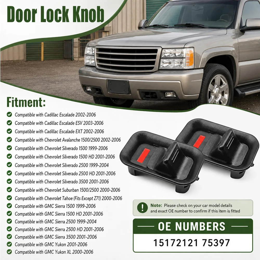 2Pcs  Car Door Lock Lever Knob Button 15172121 75397 Front and Rear For Cadillac Escalade Avalanche Silverado  GMC Sierra Yukon