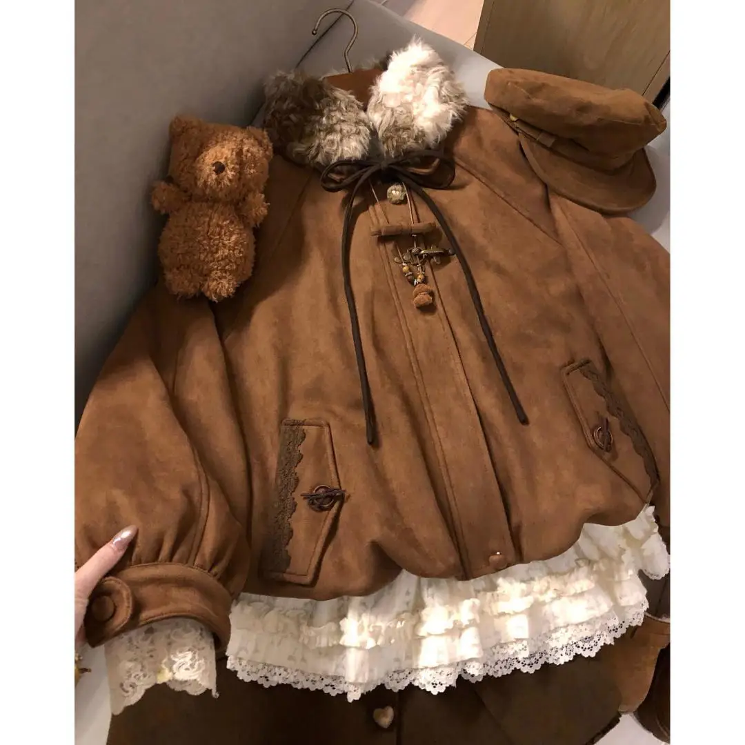 Women Winter Faux Fur Collar Collar Coat Japanese Kawaii Bow Tie Short Jacket Vintage Lace Pocket Loose Warm Overcoat Girls