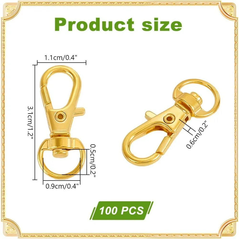 100pcs Gold Swivel Clasps Golden Lanyard Snap Hooks Key Chain Clip Hooks Lobster Claw Clasps Trigger Snap Hooks for Keychain