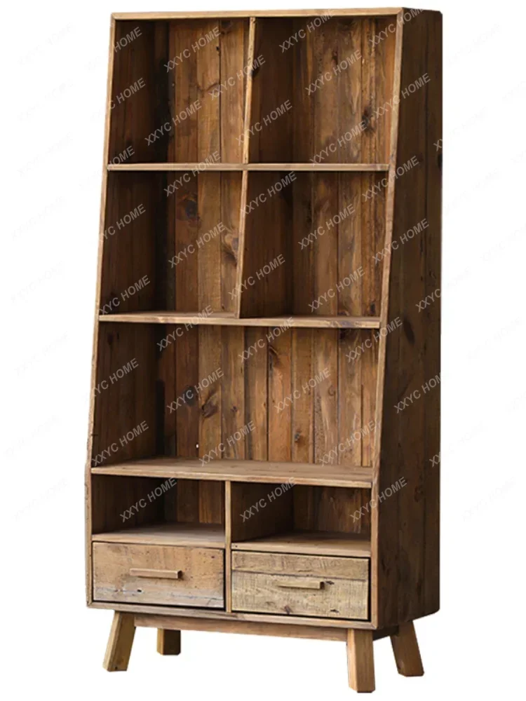 Sister Riding the Wind and Waves Same Style Log Artistic Oblique Bookcase Study Solid Wood