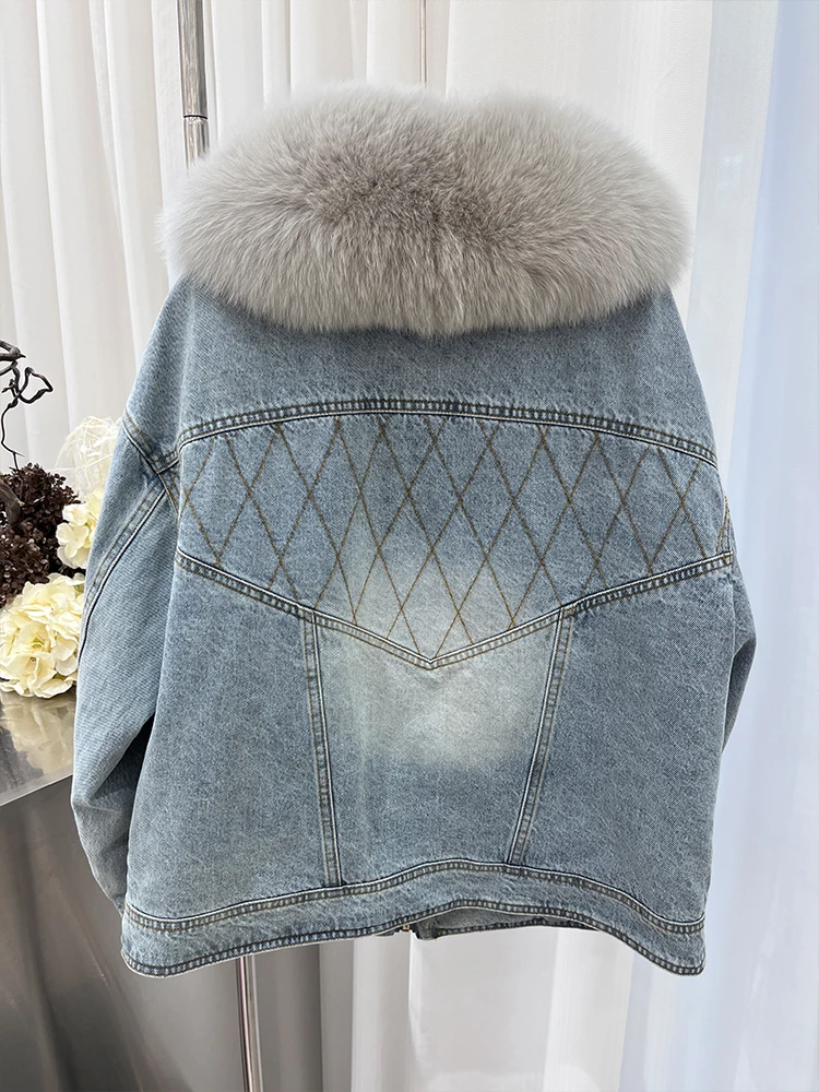 2024 Herfst Winter Dames Denim Witte Ganzendons Jassen Met Natuurlijke Echte Vossenbont Kraag Manchet Vrouwen Bovenkleding Luxe Damesjack