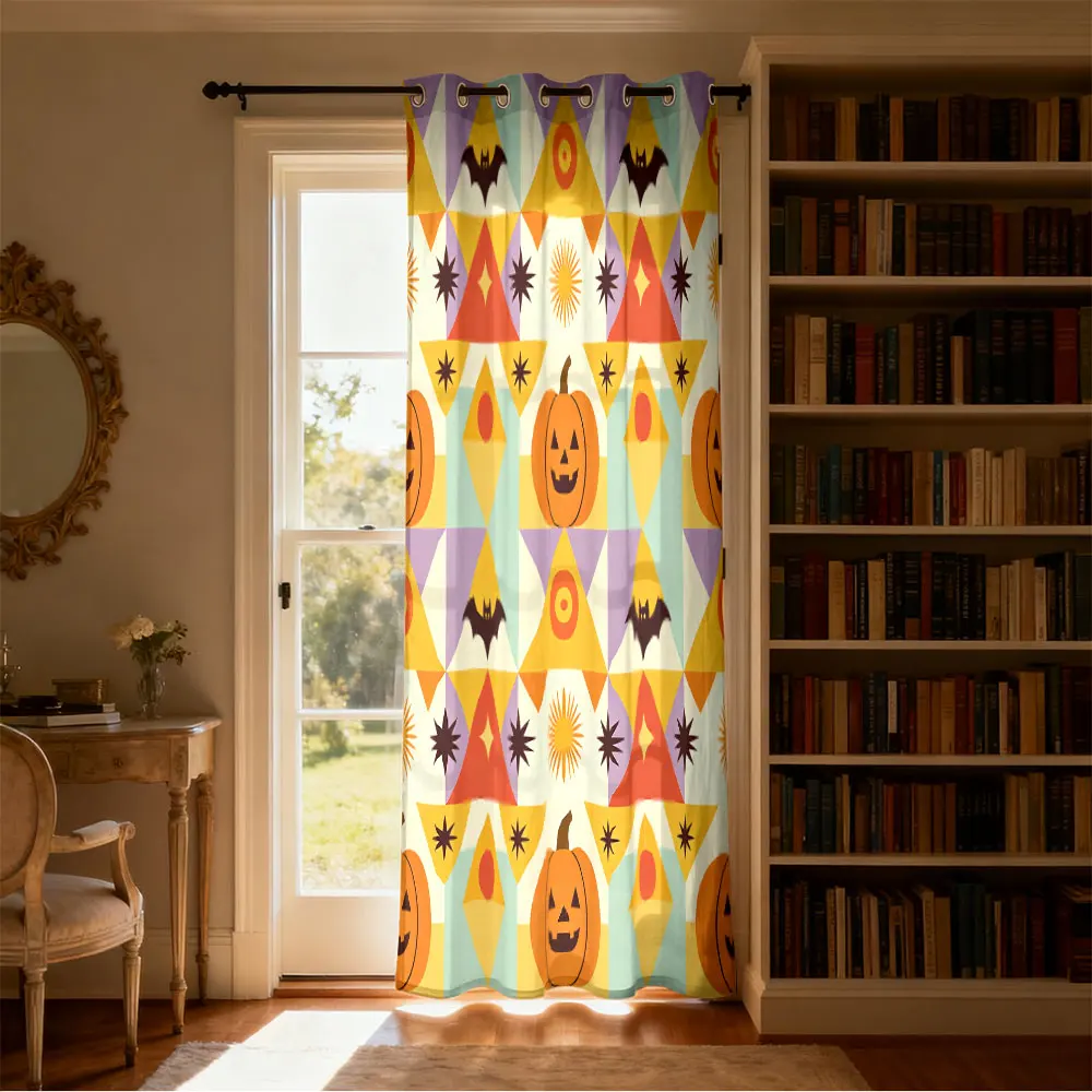 1pc Halloween pumpkin bat geometric print single-piece loop curtain single-piece loop curtain living room home decoration