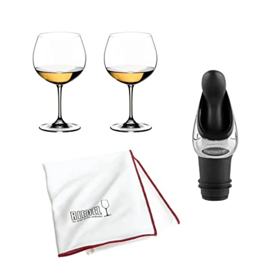 

VINUM Montrachet Chardonnay Glasses Set of 2 with Wine Pourer Stopper and Polishing Cloth in Crystal Clear Design for Premium W