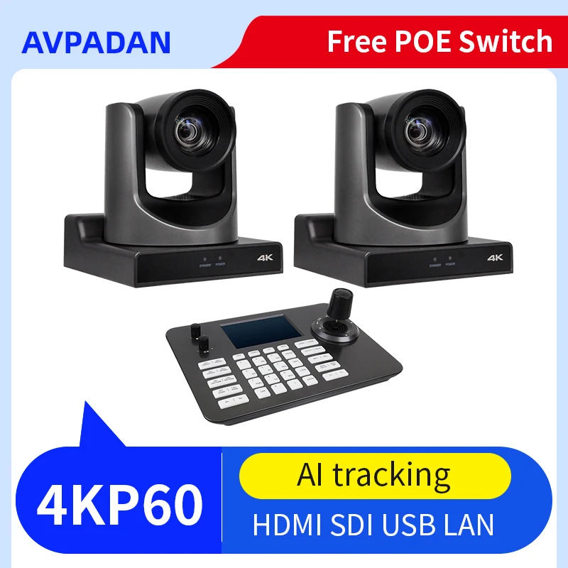 

2pcs NDI PTZ Camera 4k60fps 12X 20X Zoom Live Streaming POE Cam and 1PCS PTZ Camera Controller for Video Conference