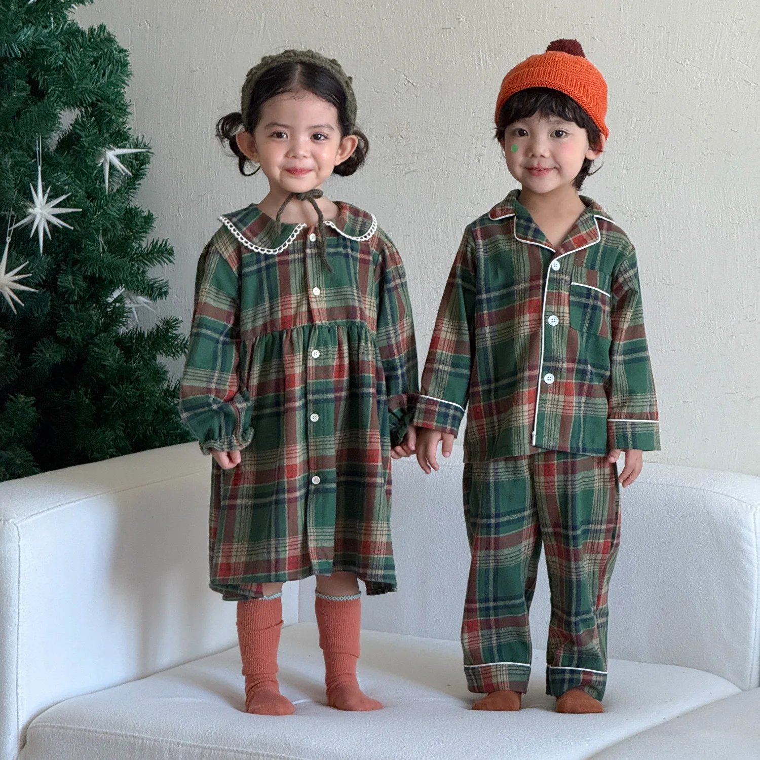 Christmas Children's Sets Plaid Brother Sister Outfit Children's  Pure Cotton Boys' Home Clothes Set Girls' Dresses