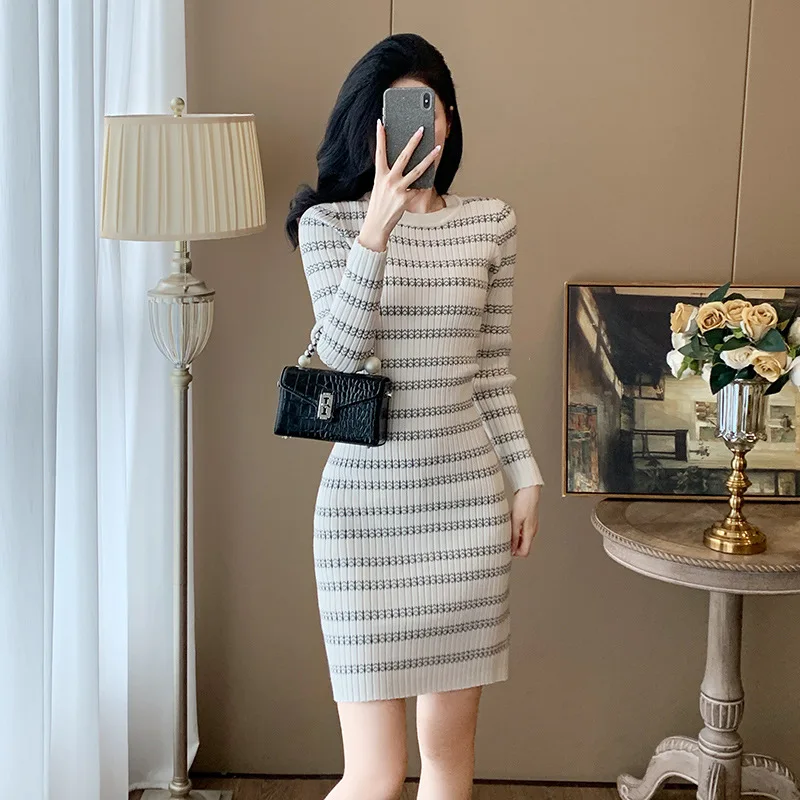 #2414 Spring 2025 Knitted Pullover Sweater Dress Women O-neck Sexy France Style Striped Stretch Short Pencil Dress Female O-neck