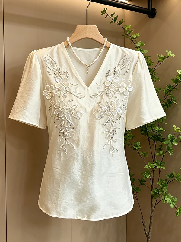 

Summer New plus Size Women's Shirt V-Neck Embellished Lace Thin Breathable Waist-Cinching Tie-Up Top Light Weight Casual Blouse