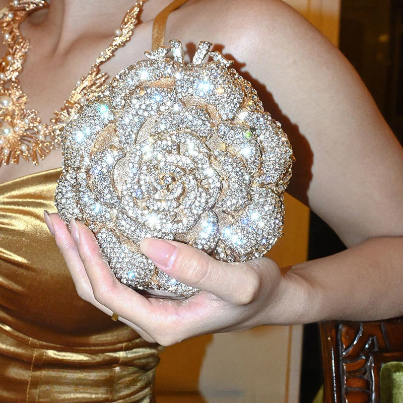 حقائب سهرة مصنوعة يدويًا من الكريستال على شكل وردة للنساء محافظ وحقائب يد معدنية رائعة من الماس لحفلات الزفاف وحفلات الزفاف