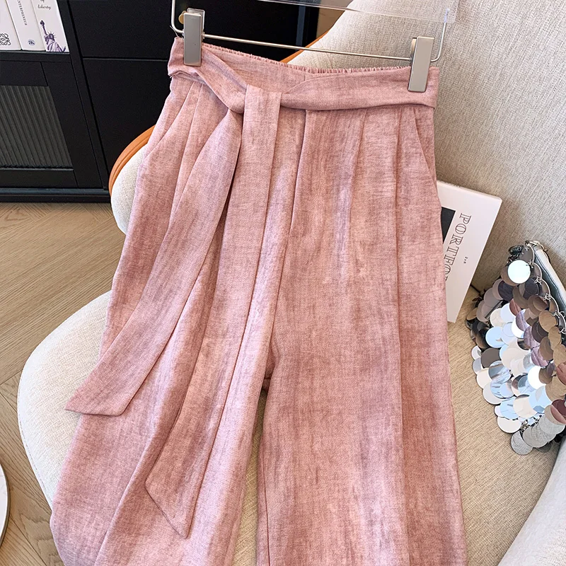 Bomon Vintage Korean Ice Silk Tie-Dyed Linen Lace-Up High Waists Women's Wide Leg Pants Y2K Straight Leg Casual Draping Mop Pant