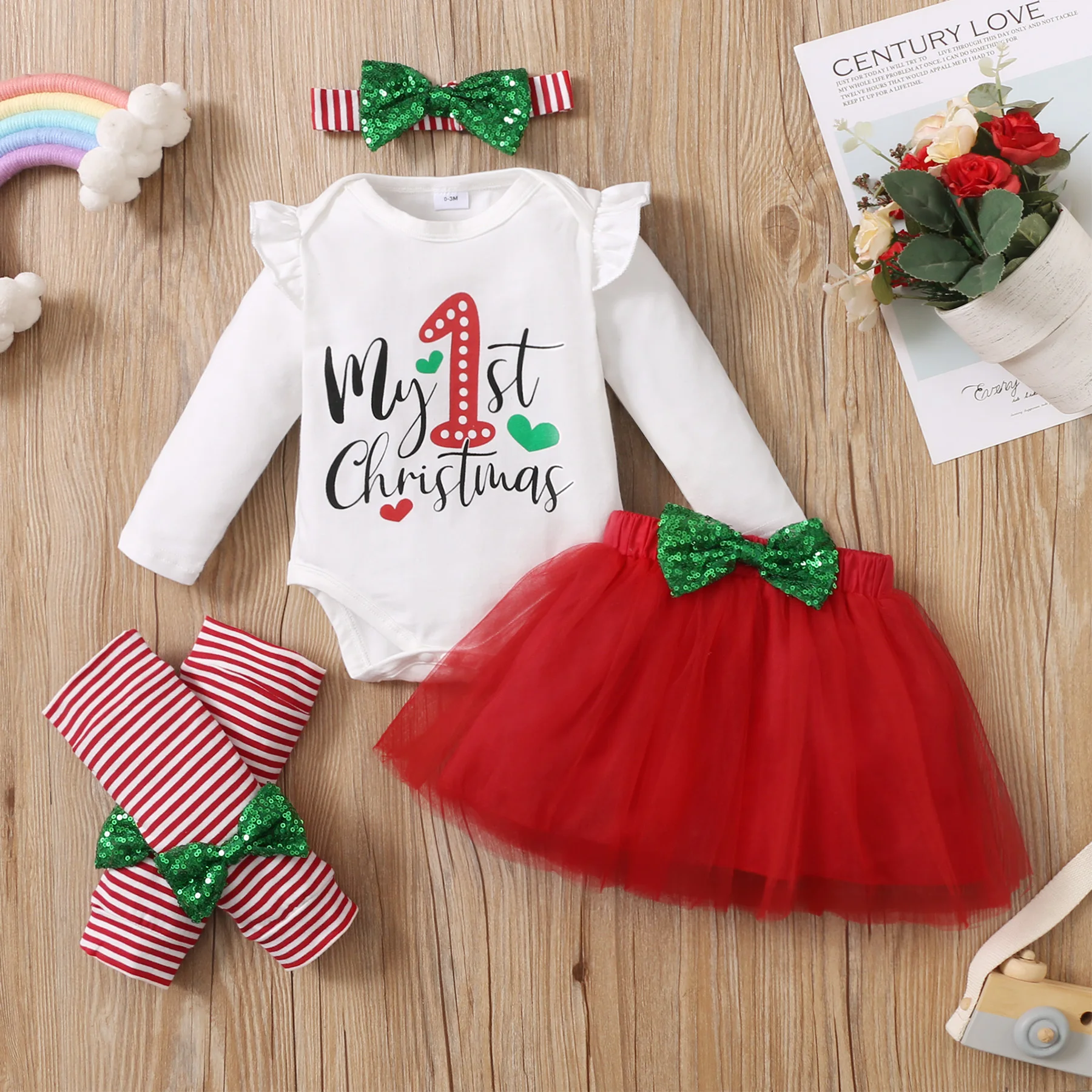 Baby Girl The First Christmas 4PCS Outfit Set Long Sleeves Romper+Mesh Skirt+Socks+Headband Fashion Festival Costume for Infant