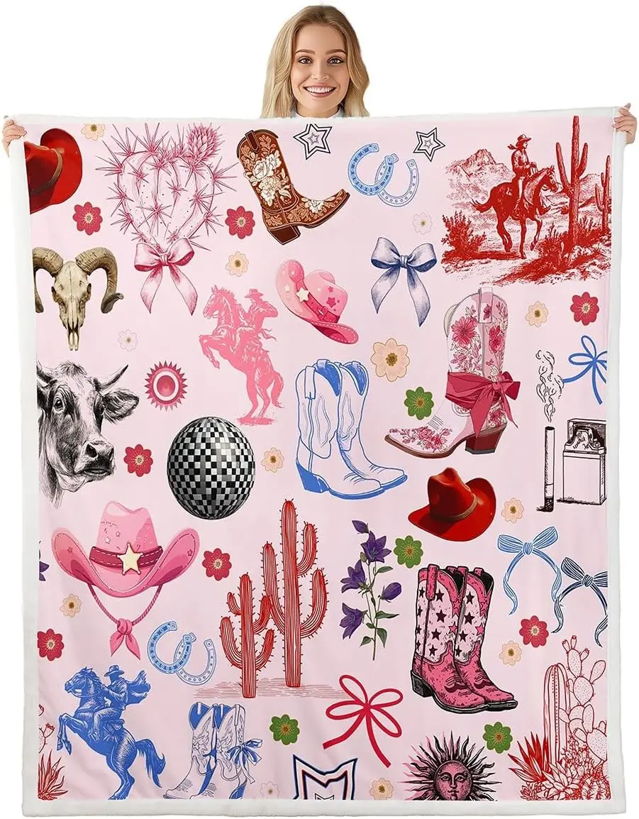 Western Cowboy Blanket Pink Cowgirl Theme Fleece Throw Ranch Decor Cactus Boots Hat Cozy Home Textile
