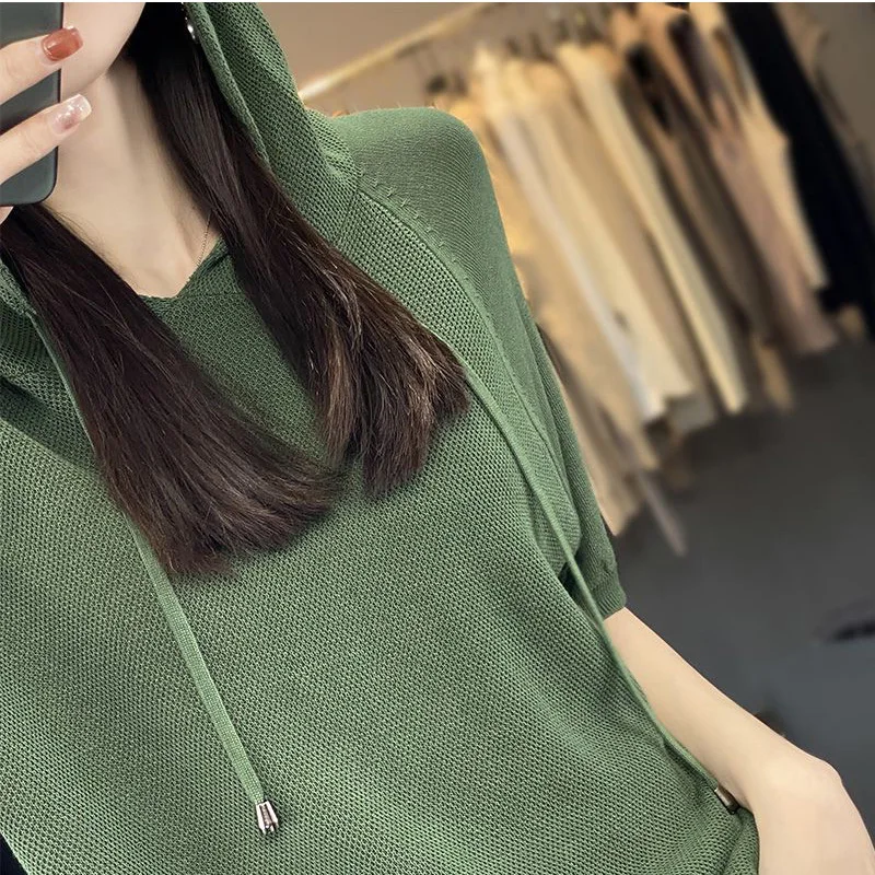 2024 New Summer Elegant Fashion Solid Color Loose Office Lady Hoodie for Women Simplicity Mixed Cotton O Neck Short Sleeve Tops