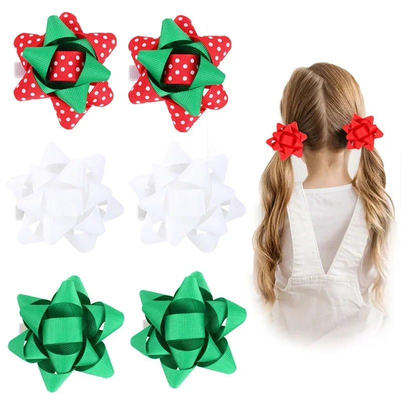 ncmama 2Pcs/set Christmas Hair Clips Ribbon Flower Hairpin for Baby Girl Red Green Xmas Barrettes Hairgrip Kids Hair Accessories