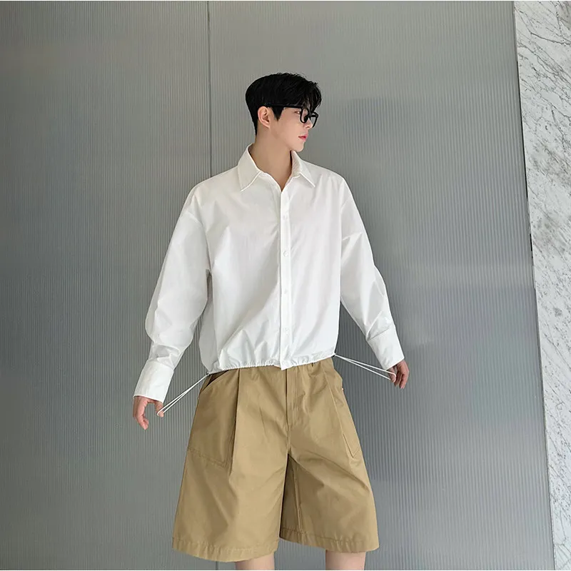

White Long Sve ort Sle Pure Color Men Women irt Dstring Hem Design Spring Summer Autumn Faionable Casual irt
