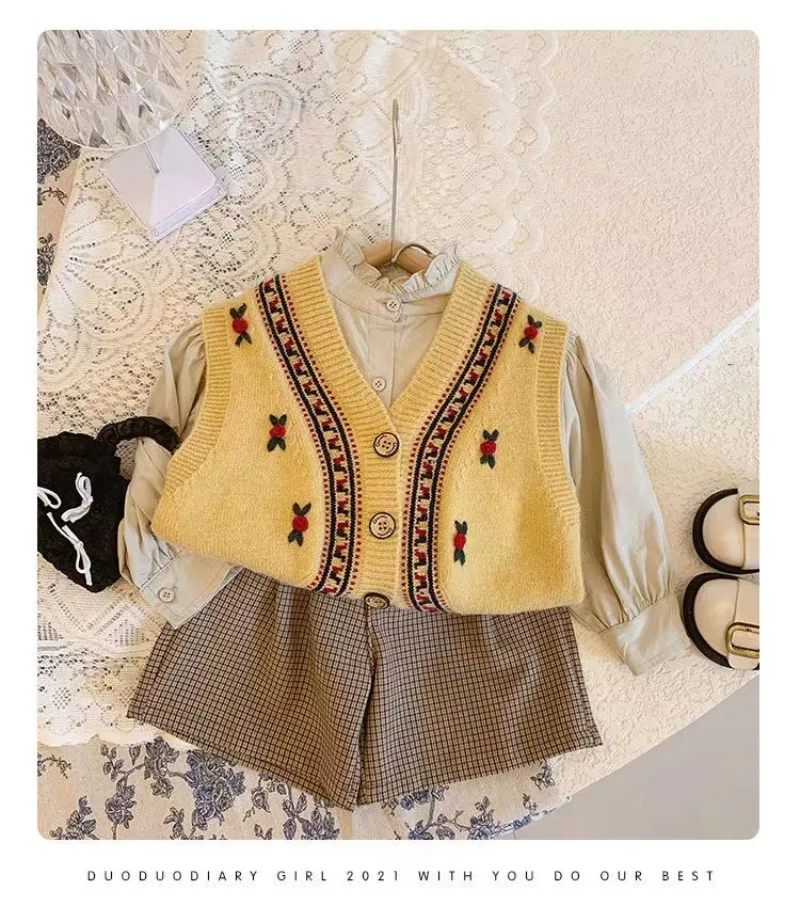 UNITIM 2026 Herbst Kinder Mädchen Strickweste V-Ausschnitt Stickerei Weste für Kinder Mädchen 2-8 Jahre Baby Mädchen Ärmelloser Pullover – Detail 6