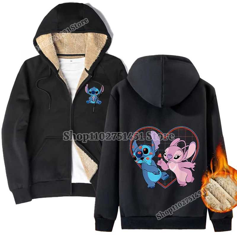 Disney Stitch Print Winter Coat for Men Women Lamb Wool Overcoat Cartoon Thicken Warm Clothing Cute Outerwear Christmas Gift