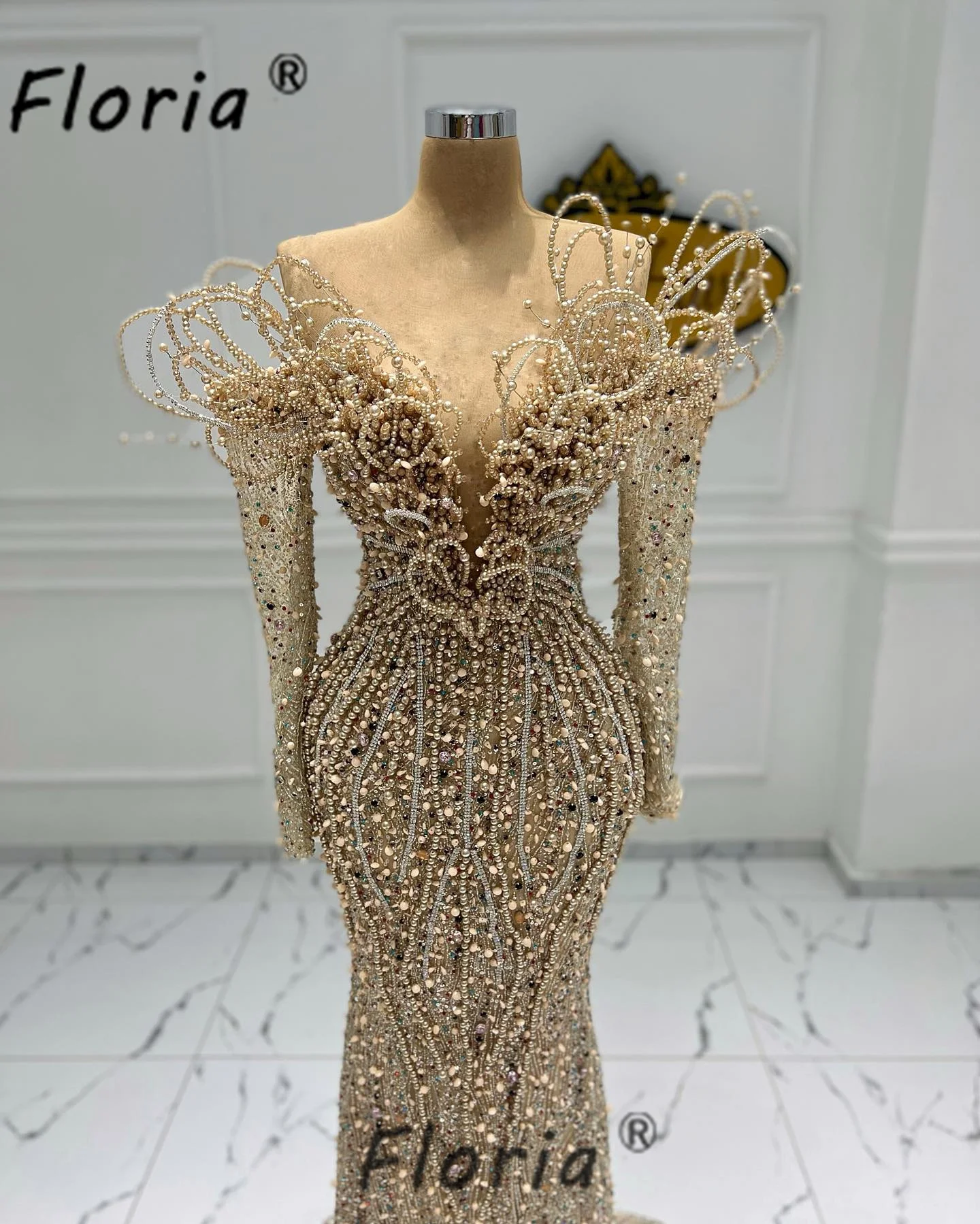 Luxury Crystal Beads Dubai Mermaid Wedding Party Dresses Haute Long Sleeve 3D Applique Prom Gown Vestidos de Gala 2024 Celebrity