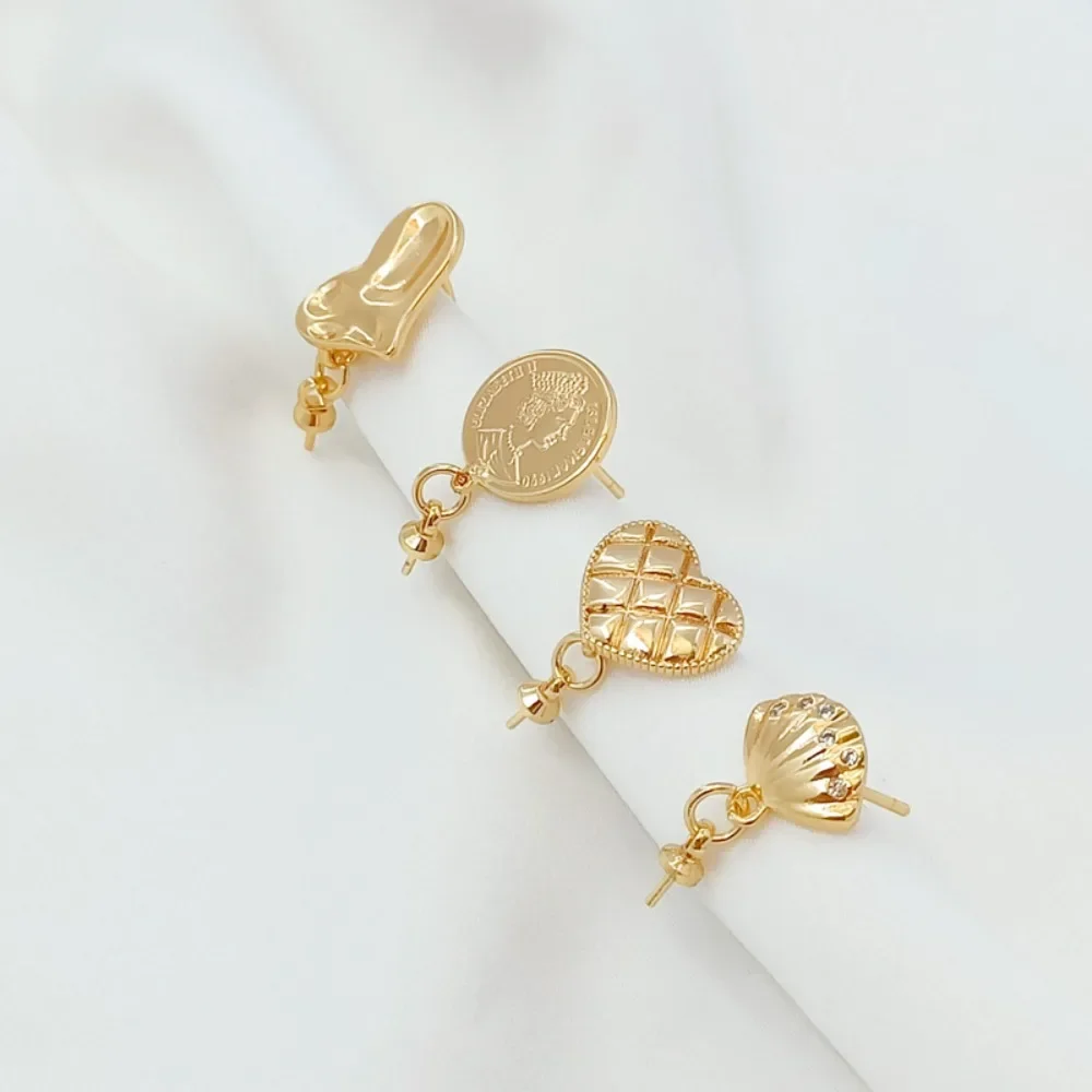 

14K Gold-plated Queen Figure Irregular Heart with Zirconium Scallops S925 Earpin with Lid and Pendant Diy Earrings