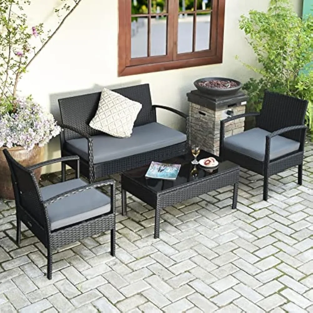 4PCS Patio Rattan Furniture Set, Outdoor Wicker Conversation Set with Tempered Glass Coffee Table, Seat Cushions