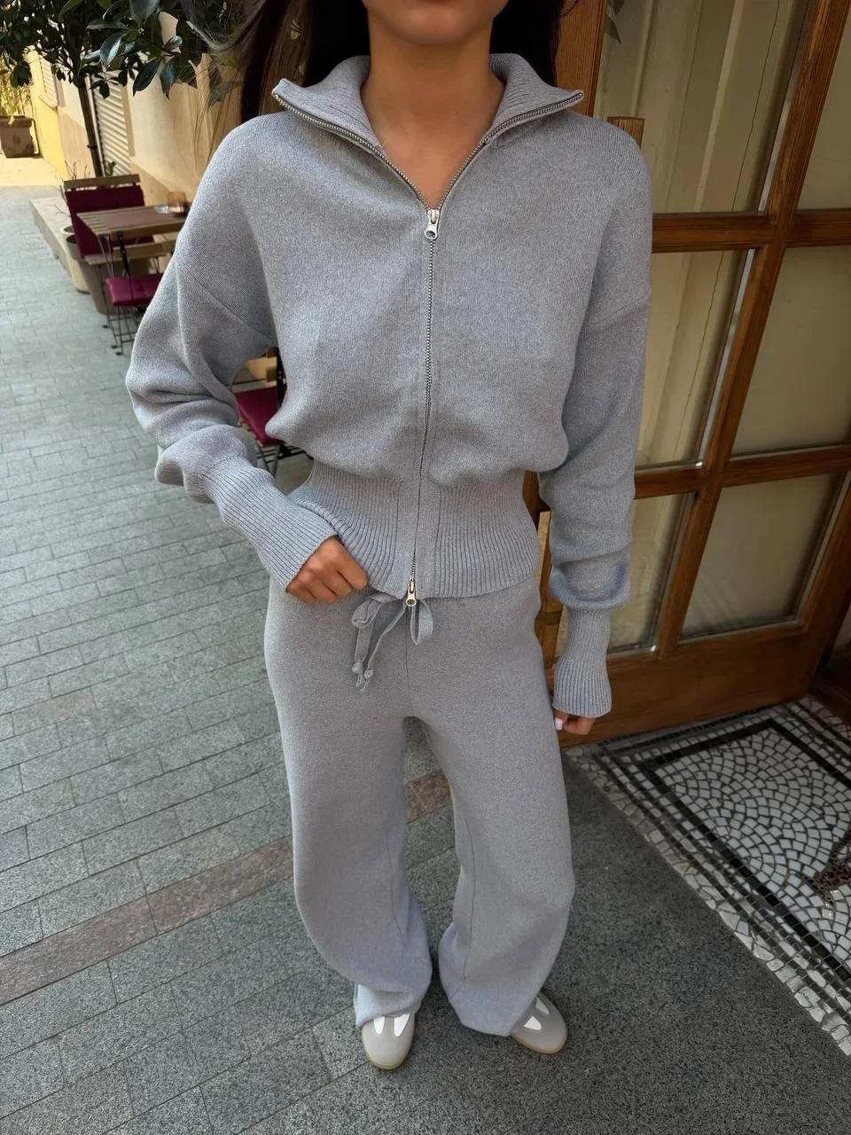 Solid Color Zipper Waist Cinching Casual Set Knitted Top Drawstring Straight Leg Pants 2-piece Sets 2026 Autumn Lady Daily Wear