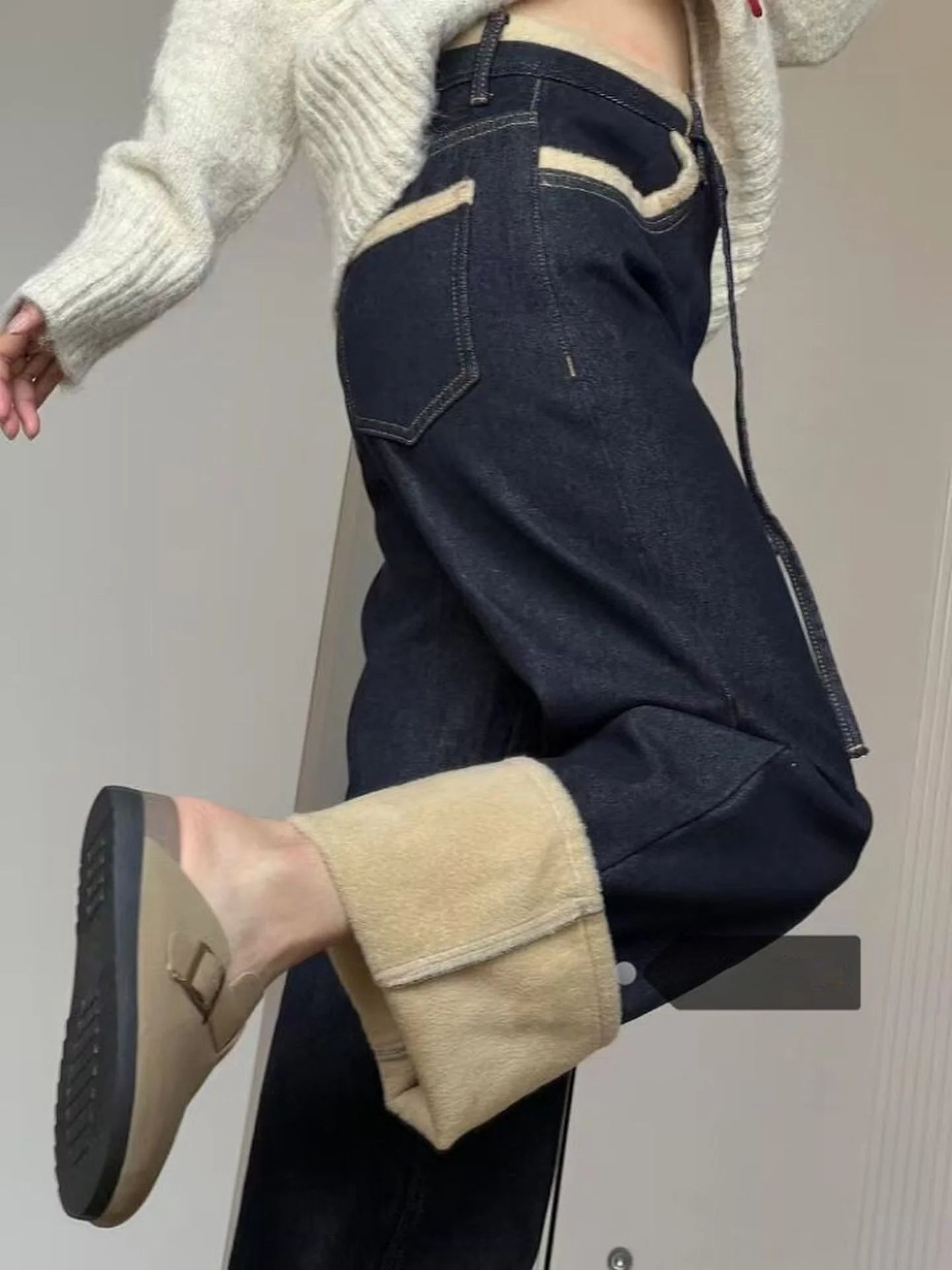 plus Size American Sle Fce Lined Thi Straight Leg Jeans Women Winter Warm Wide Leg High Waist Denim Pants Bootcut Trou...