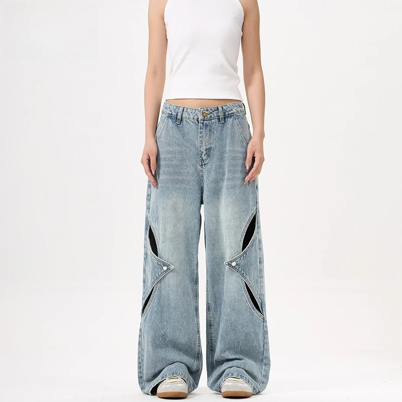Men's American High Street Hollow Deconstruction Ripped Jeans Men's And Women's Trendy Straight-leg Pants
