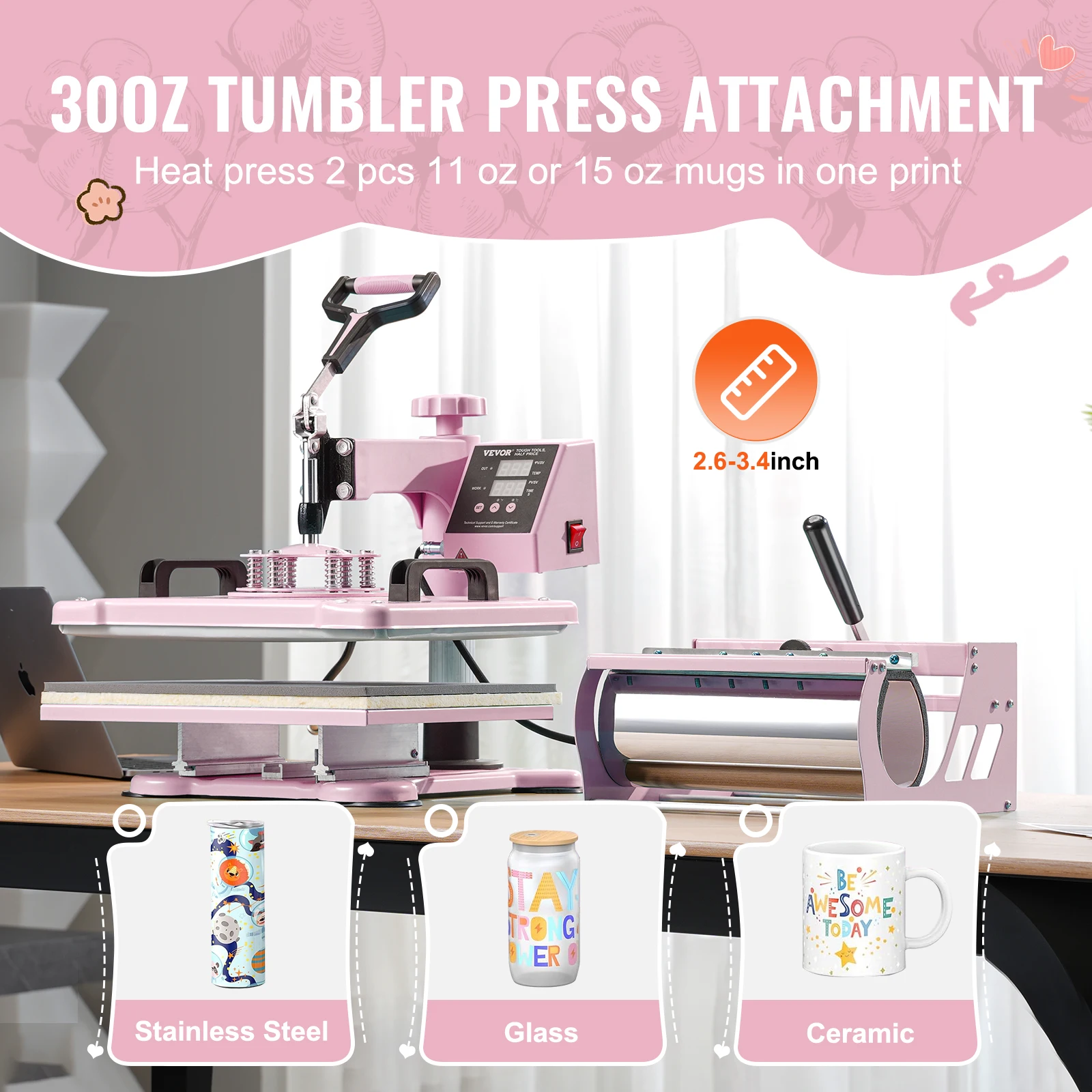 VEVOR Heat Press Machine 12 x 15 inch  8 in 1 Heat Transfer Machine 360° Swing Away T-Shirt for T-Shirts/Mugs/Hats/Plates Pink