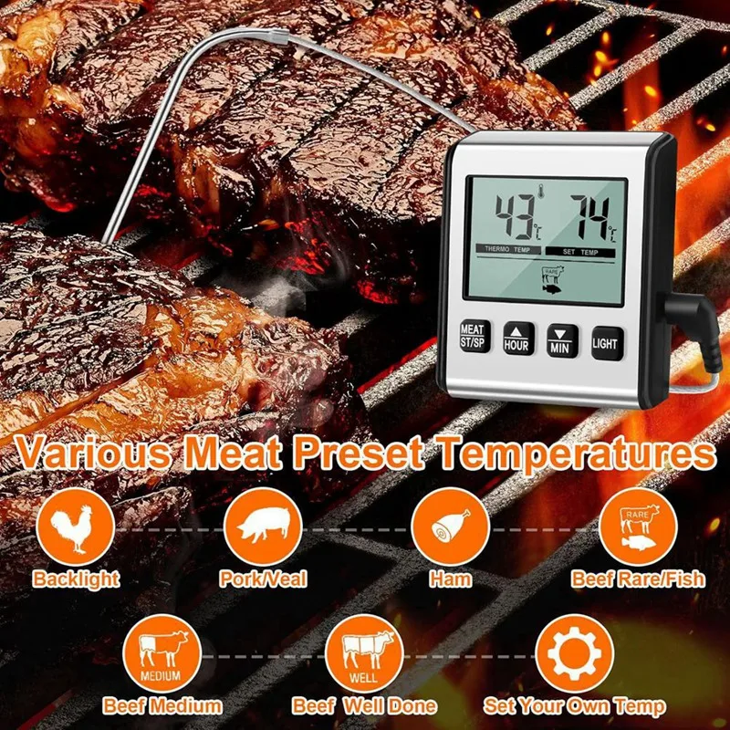 2Pcs TP710 Digital Cooking Meat Thermometer, Large LCD Backlight Food Thermometer With Stainless Steel Probe