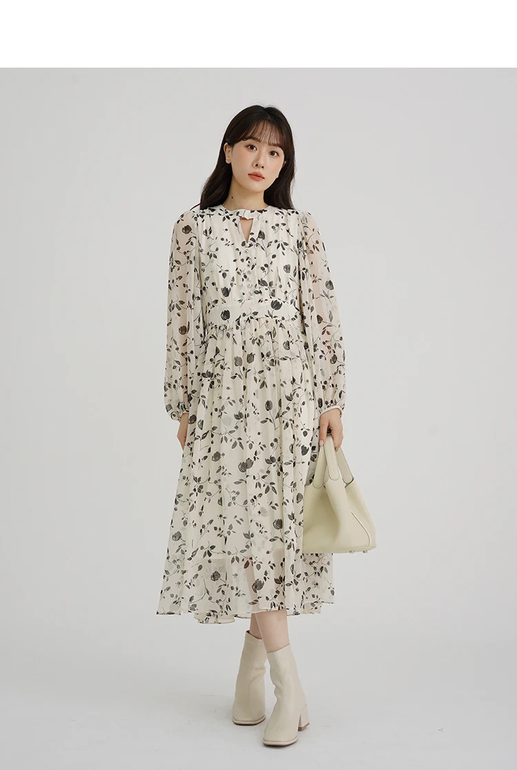 Floral Midi Dress Women Sweet A-Line Long Sleeve Hollow Out Dress Elegant High Waist Casual Long Dress Daily or Vacation Outfits