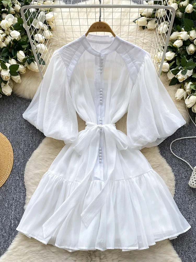

Summer Women's Puff Sleeve Shirt Dress Fashion Beach Vacation Party Birthday Blue White Exquisite Chiffon Mid Length Dress B06