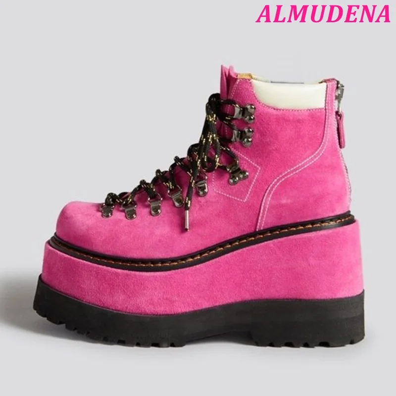 Pink/Black Suede Hiking Boots Women's Platform Wedges Lace up Ankle Boot Punk/Y2k Luxury Designer Big Size Handmade Shoes