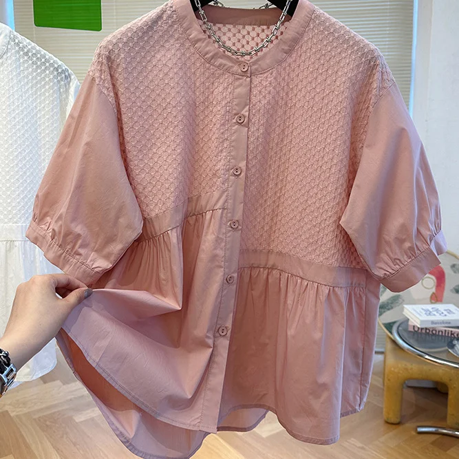 

Женская летняя блузка с коротким рукавом, белая, с круглым вырезом, асимметричная, в стиле пэчворк