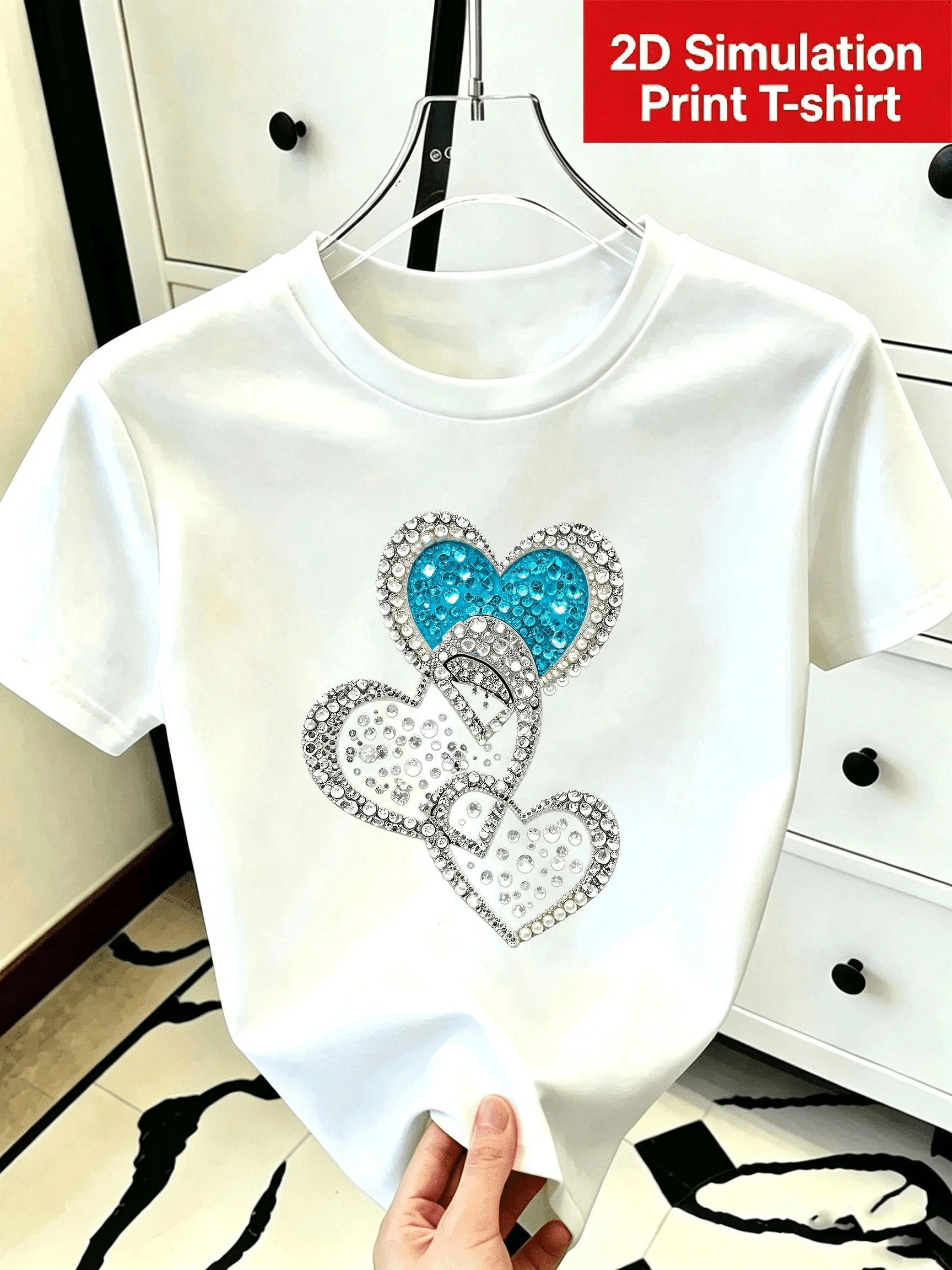 Women's White Short Sleeve T‑Shirt Triple Heart Graphic Print Tops Soft Polyester Casual T Shirt Multiple Sizes for Daily Wear