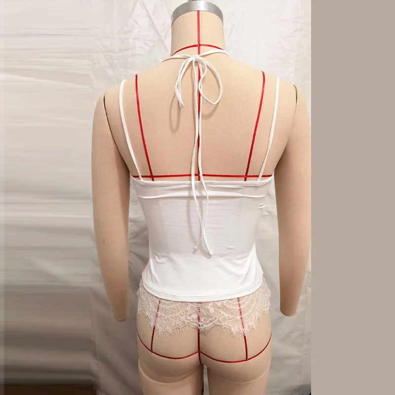 Spitzen-Patchwork-Top mit Neckholder und Taillenbetonung für Damen, sexy, ärmellos, rückenfrei, schmal geschnitten, charmante Clubwear für Damen. – Detail 2