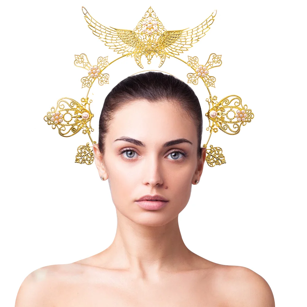 

Women Goddess Halo Crown Golden Headband Bird Fly Wings Festival Costume Masquerade Party Headpiece Metal Hair Band