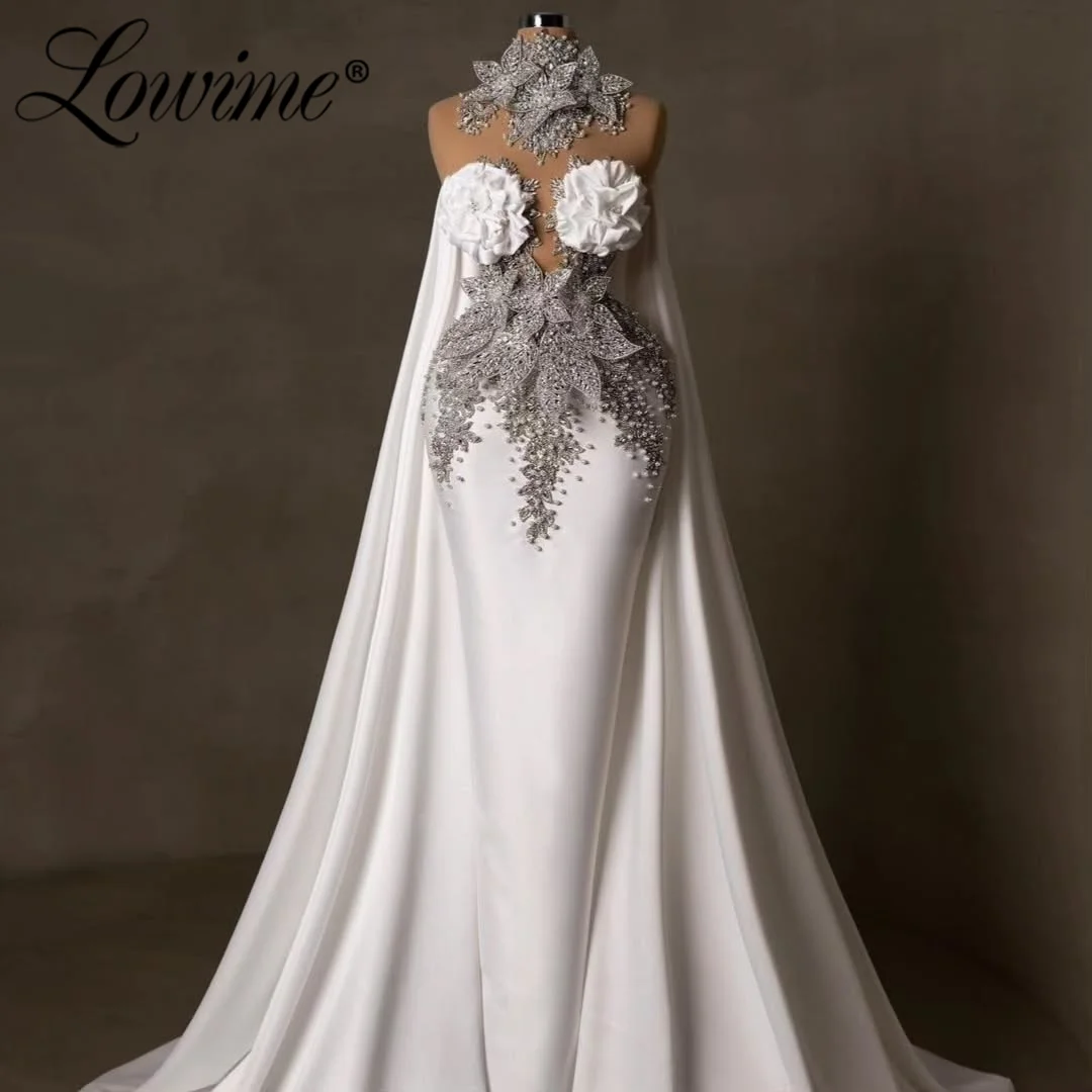 

White Prom Dresses Illusion Long Party Dress With Crystals Pearl Mermaid Evening Gown Handmade Flower Satin Sexy Celebrity Dress