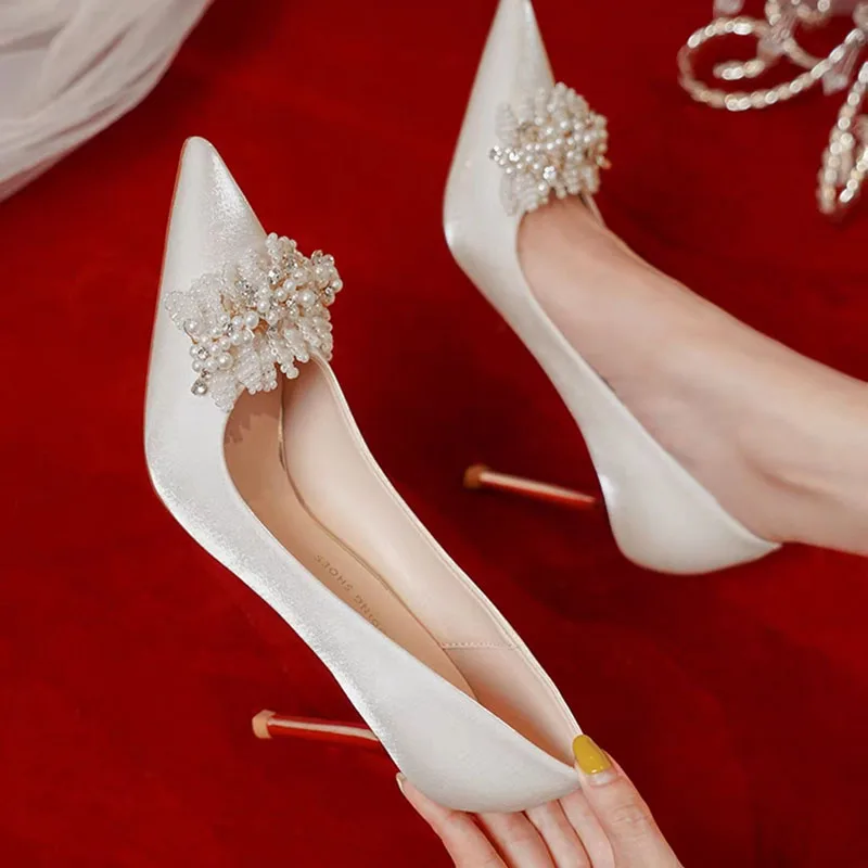 Shoes For Women 2024 Spring New French-Style Bride Bridesmaid Shoes White Pearl Stiletto Heel High Heels Wedding Shoes for Women