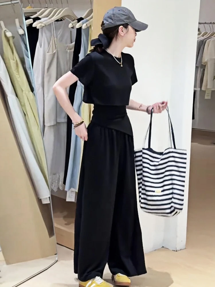 

Лето 2023, женский комплект широких брюк с высокой талией, ажурный топ + брюки, корейский сле, нерегулярный подол, невдаемый