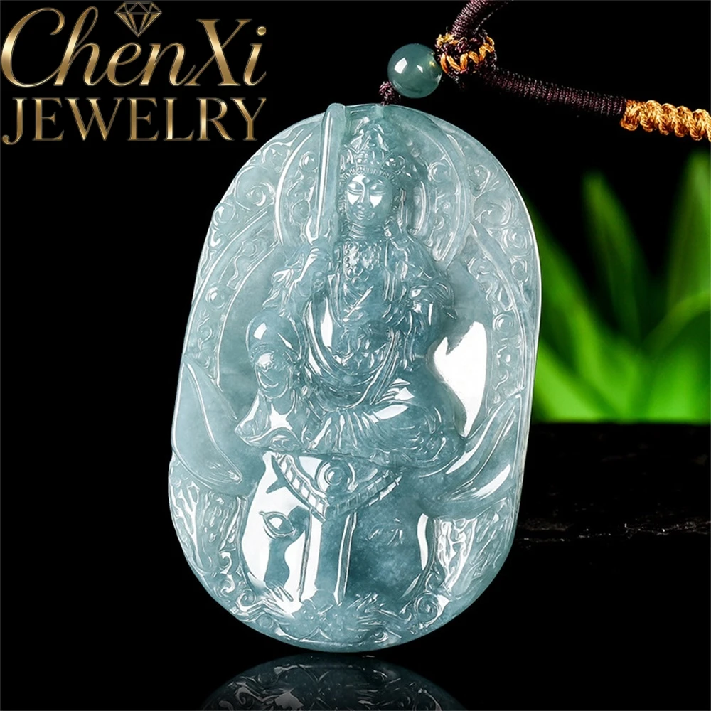 

Natural AGrade Blue Water Ice-Grade Jadeite Wenshu Bodhisattva Pendant Zodiac Rabbit Guardian Spirit Buddha of Birth Year Amulet