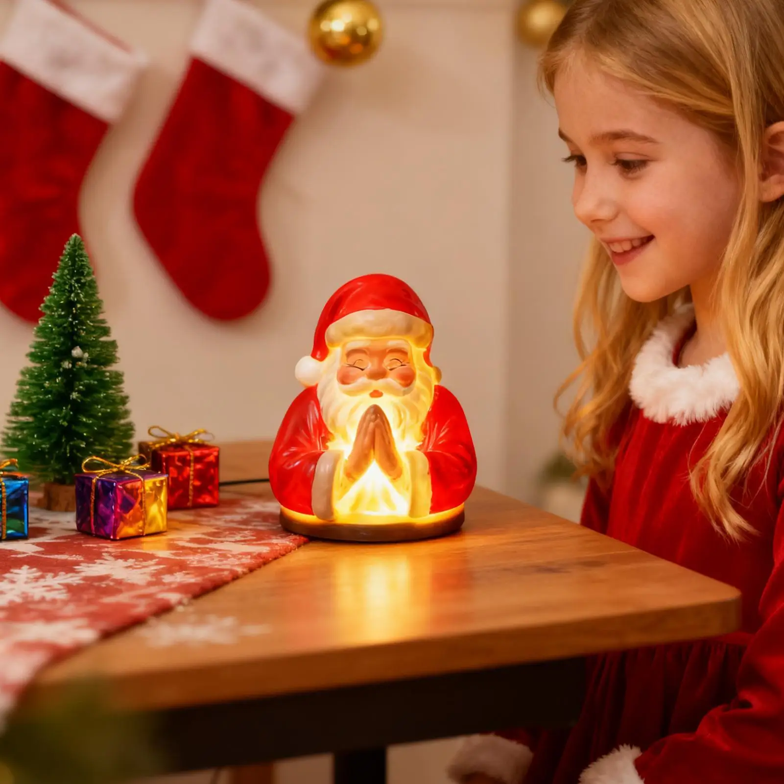 Christmas Night Light Resin Cute Warm Glow Praying Santa Night Light Desk Decor for Apartment Bedroom Dorm Room Mantel Kitchen