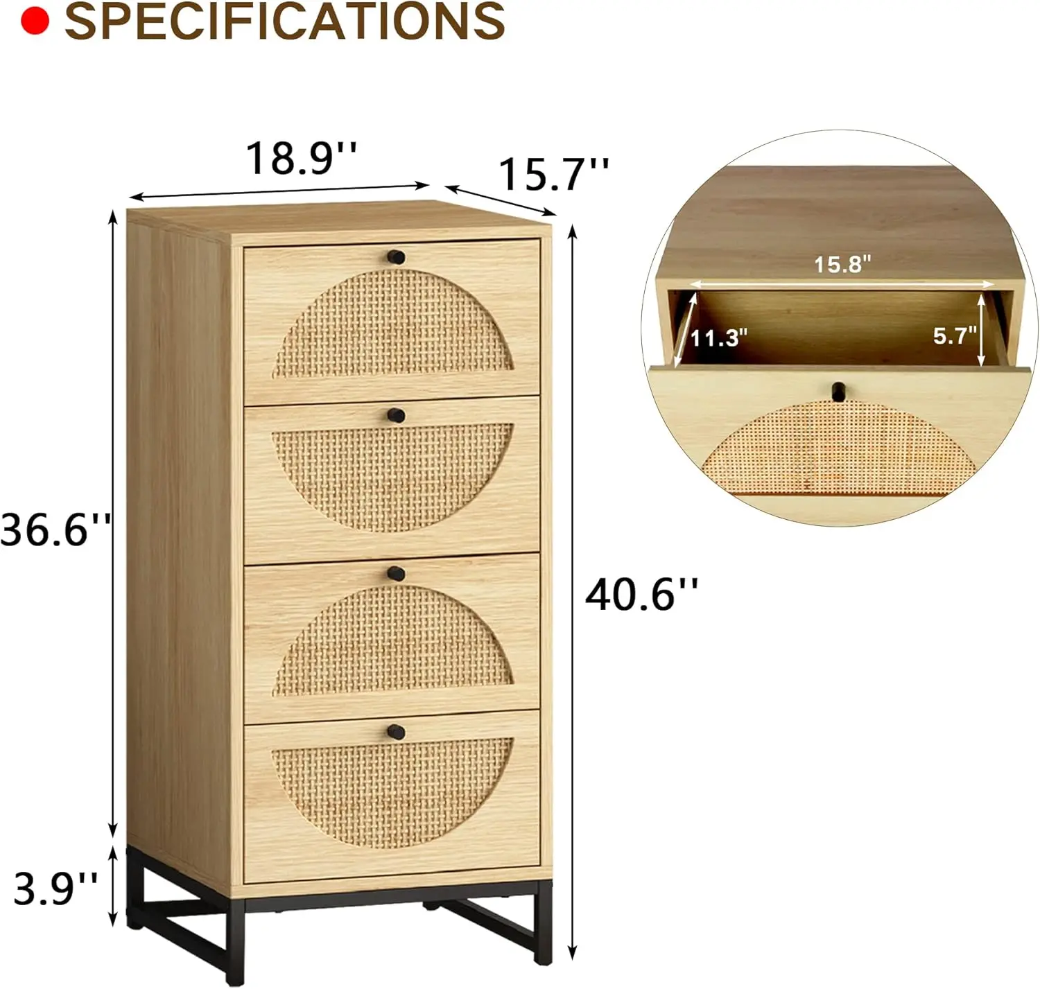 Natural Rattan Cabinet with 4 Drawers, Tall Wooden Bedside Table with Metal Base,Accent Storage Cabinet for Living Room, Bedroom